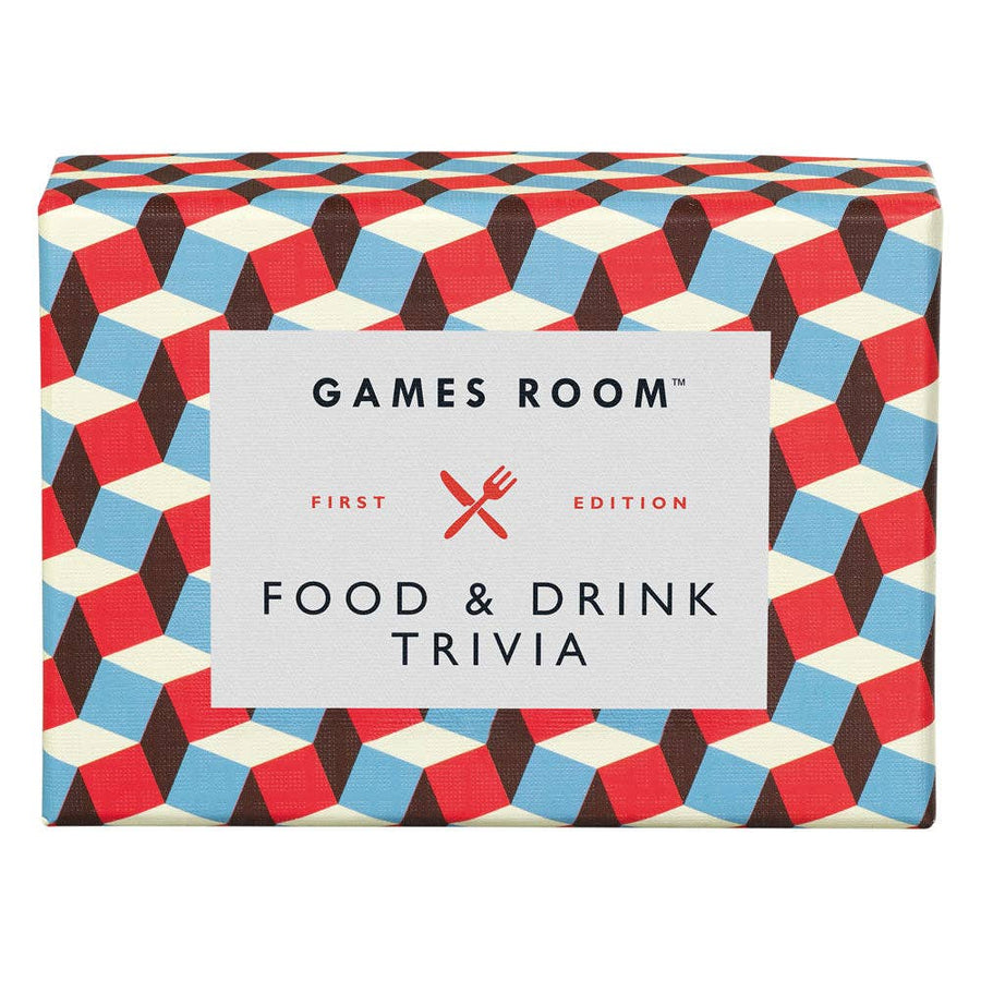 Packaging of 'Games Room Food & Drink Trivia' with geometric pattern