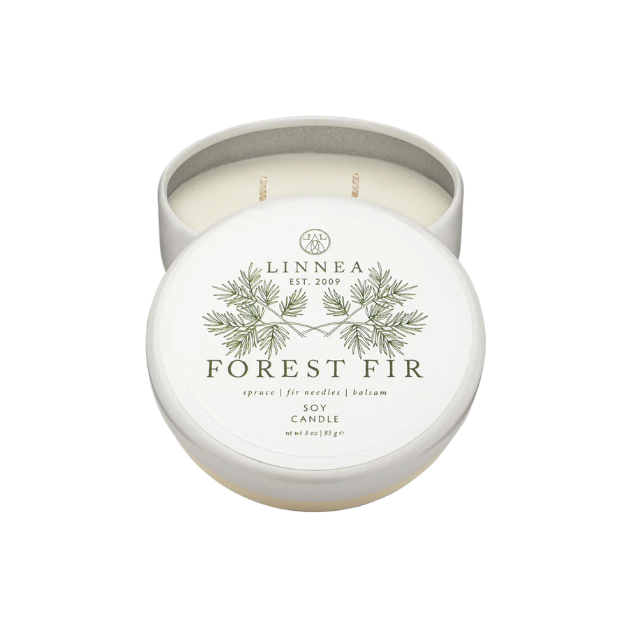 Linnea Forest Fir candle in a white petit travel tin on a white background