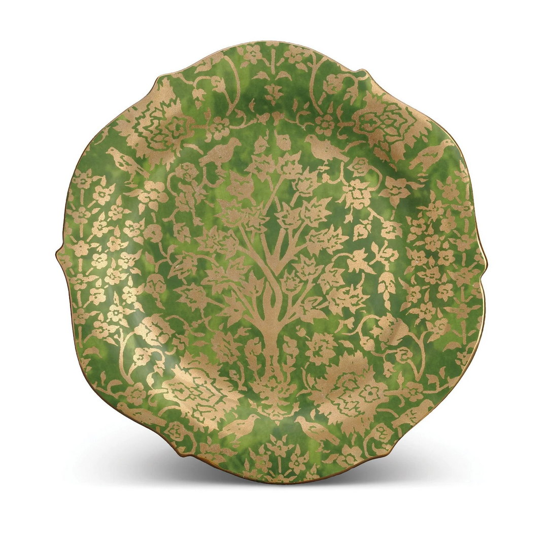 Decorative plate with green and gold floral and bird pattern