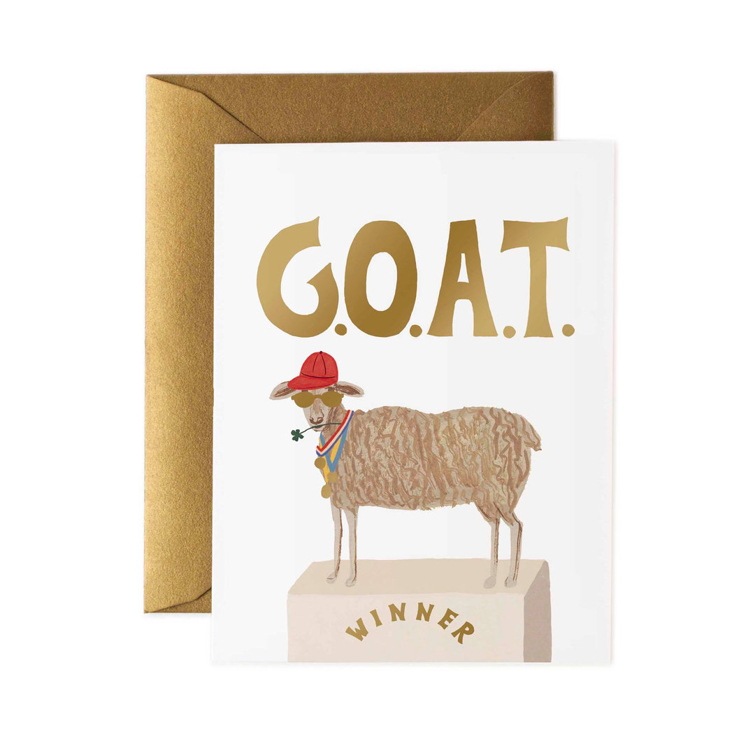 Greeting card with a goat illustration and 'G.O.A.T.' text, featuring a gold envelope.