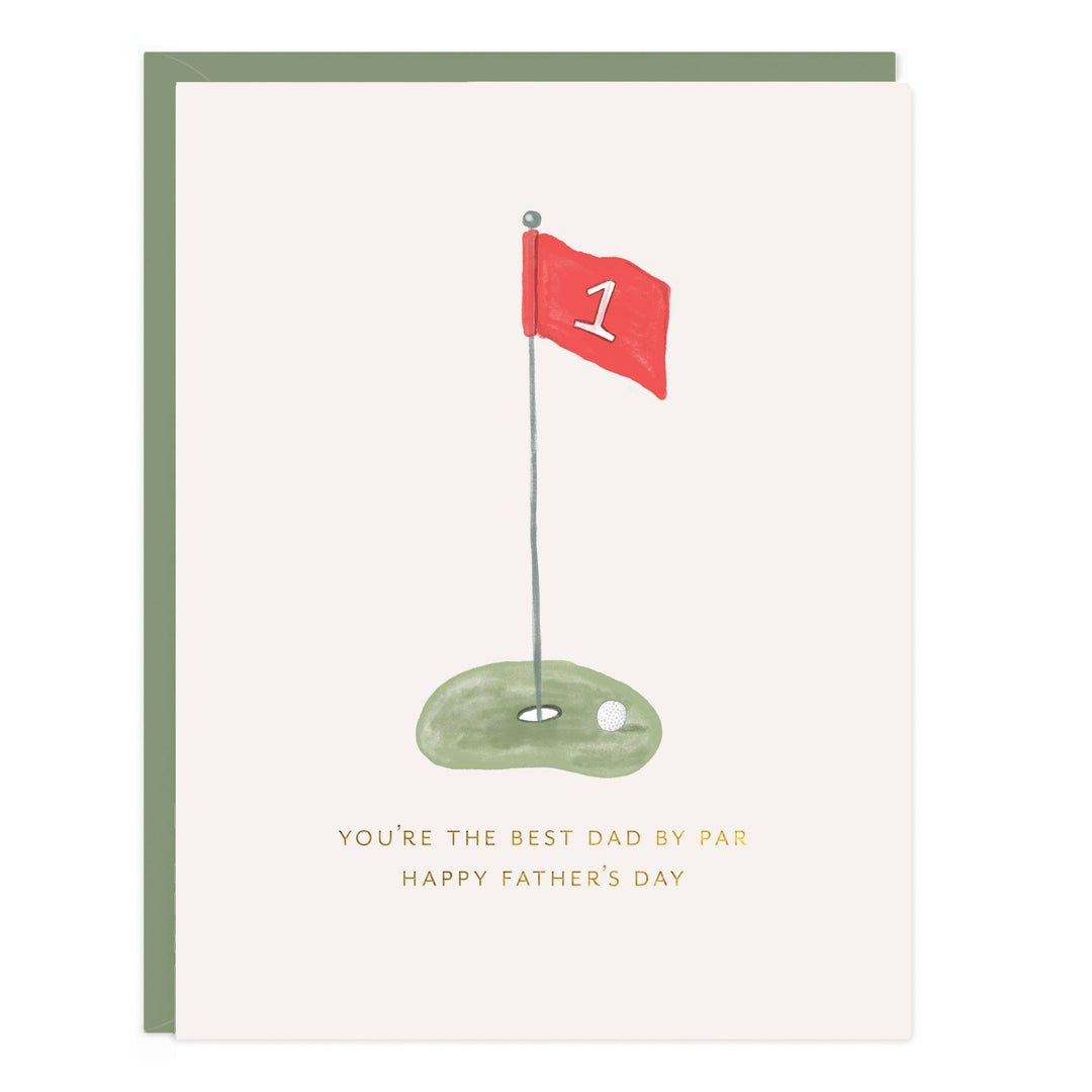 Greeting card with golf flag and hole illustration and Father's Day message.