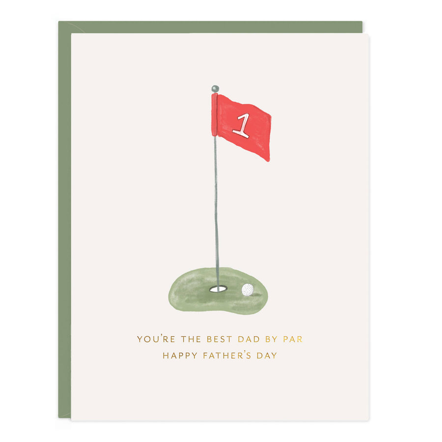 Greeting card with golf flag and hole illustration and Father's Day message.