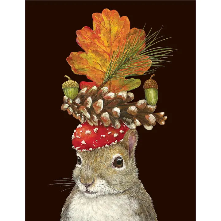 Card with a squirrel with autumn-themed hat featuring leaves, acorns, and a mushroom on a dark background