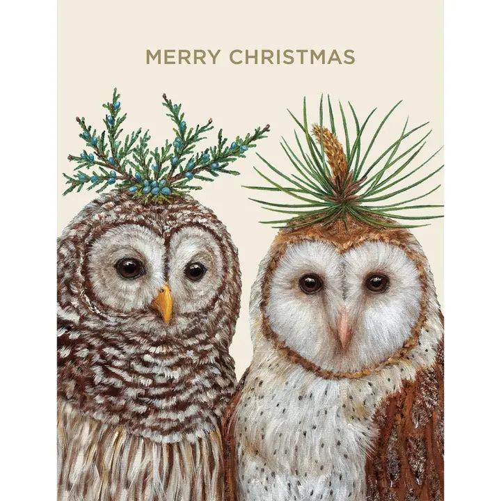 Card with two owls with festive decorations on their heads, with 'Merry Christmas' text above