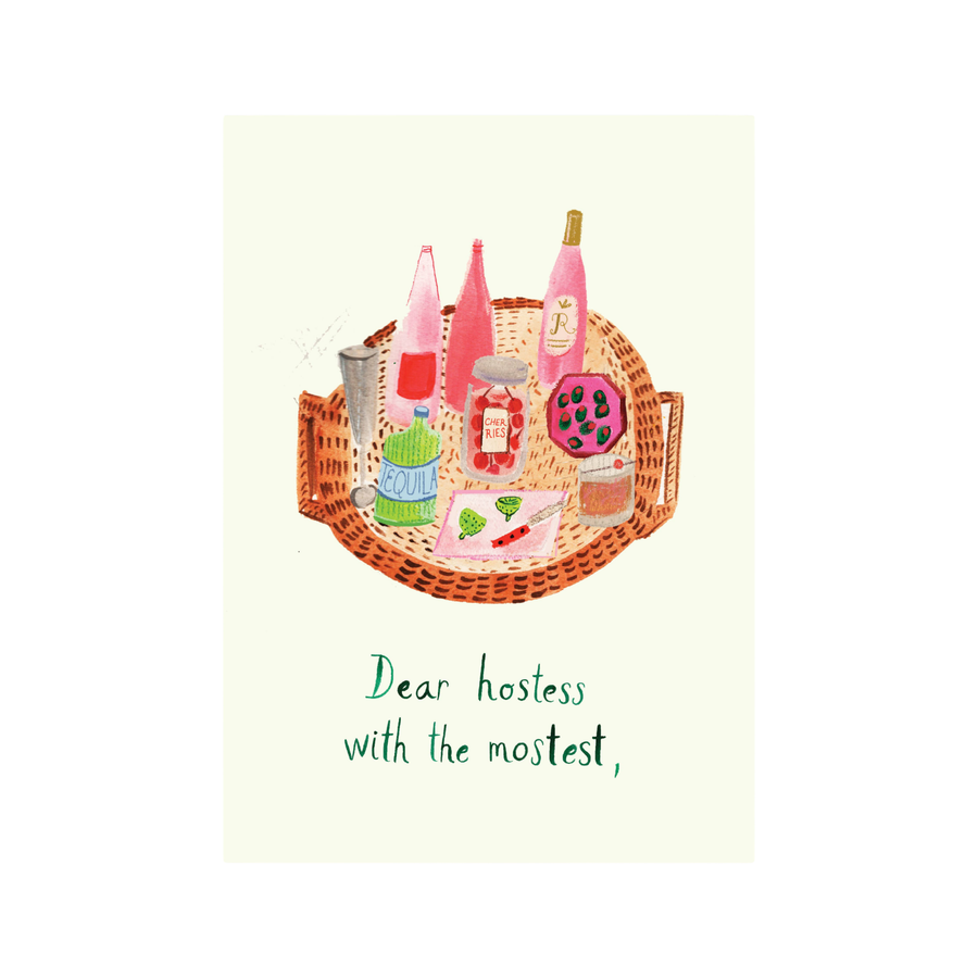 Illustration of a picnic basket with drinks and food on a white background, featuring the text 'Dear hostess with the mostest,'.