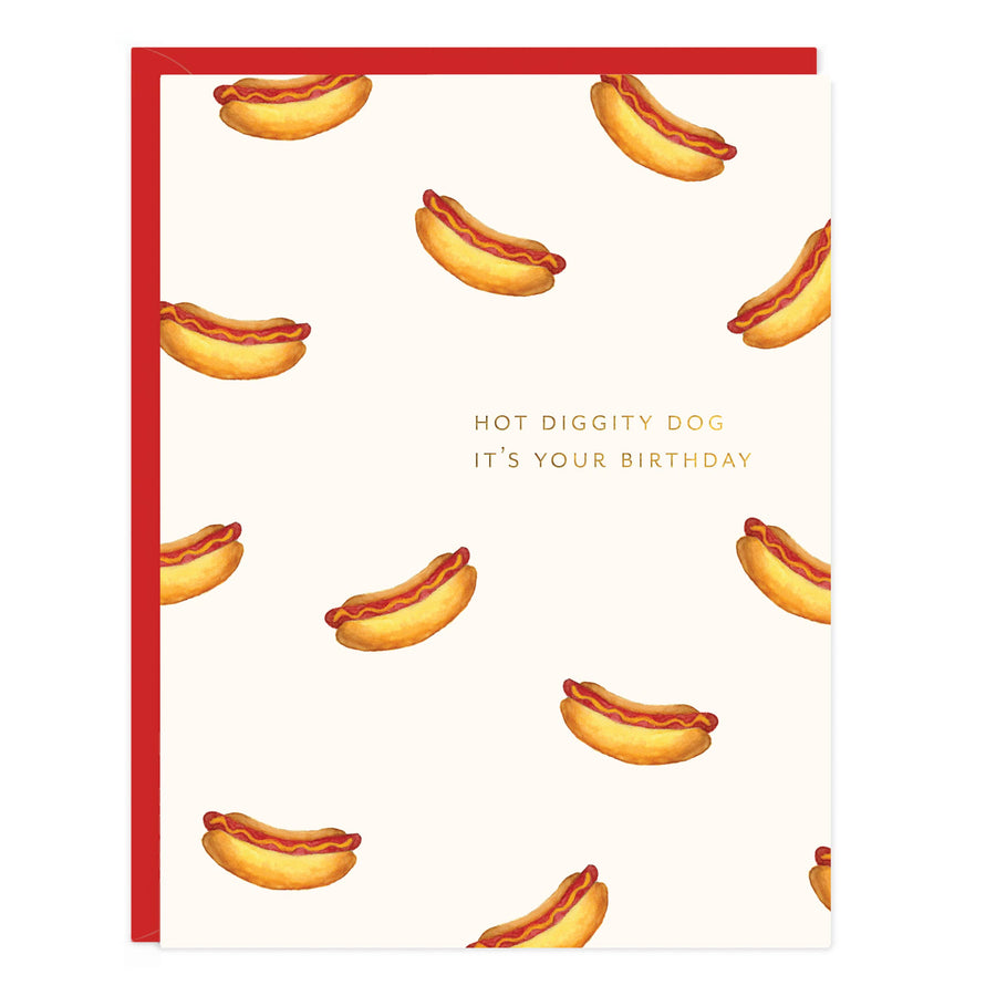 Birthday card with hot dog pattern and text 'Hot Diggity Dog, It's Your Birthday' on a red envelope