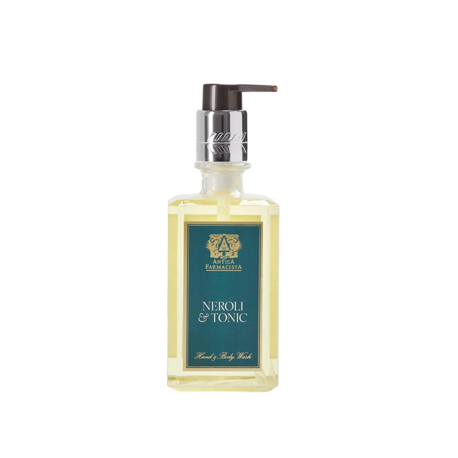 Bottle of antica farmacista Neroli & Tonic hand and body wash with pump 