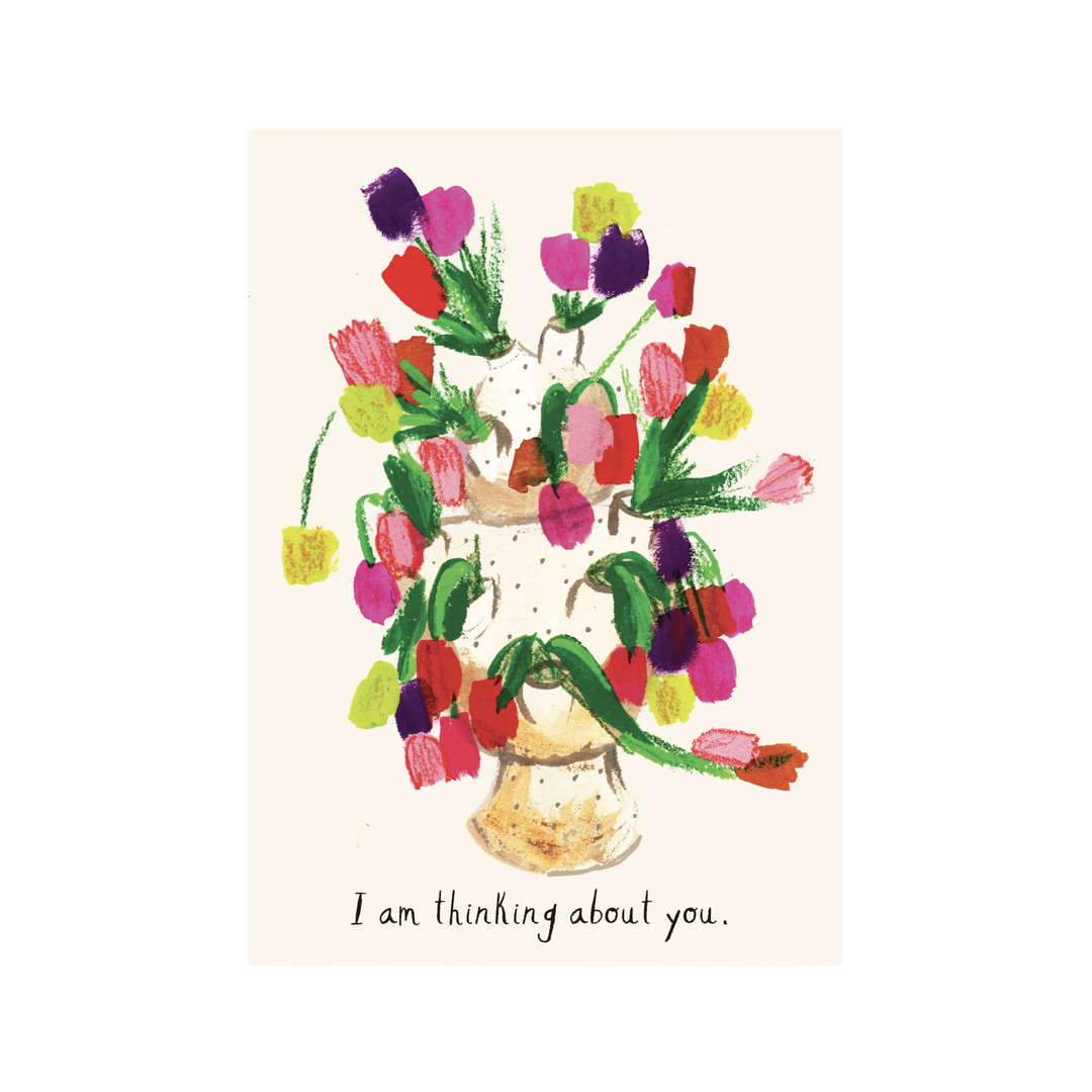 A greeting card with an illustration of a colorful bouquet of flowers in a vase with 'I am thinking about you' text