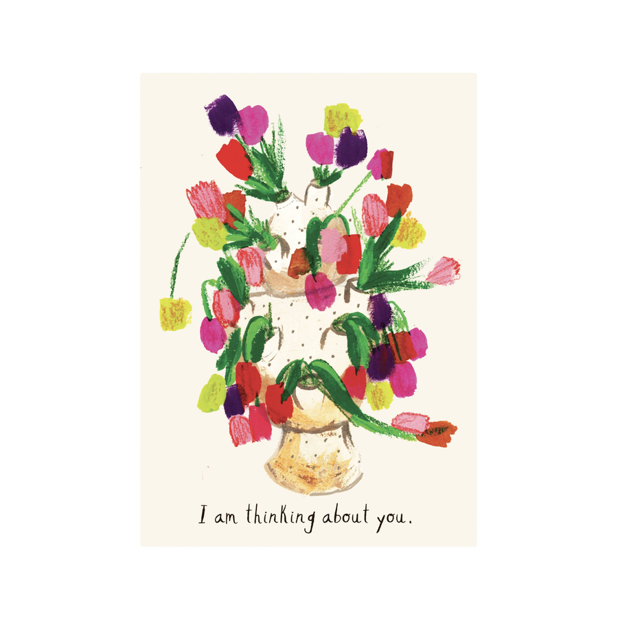 A greeting card with an illustration of a colorful bouquet of flowers in a vase with 'I am thinking about you' text