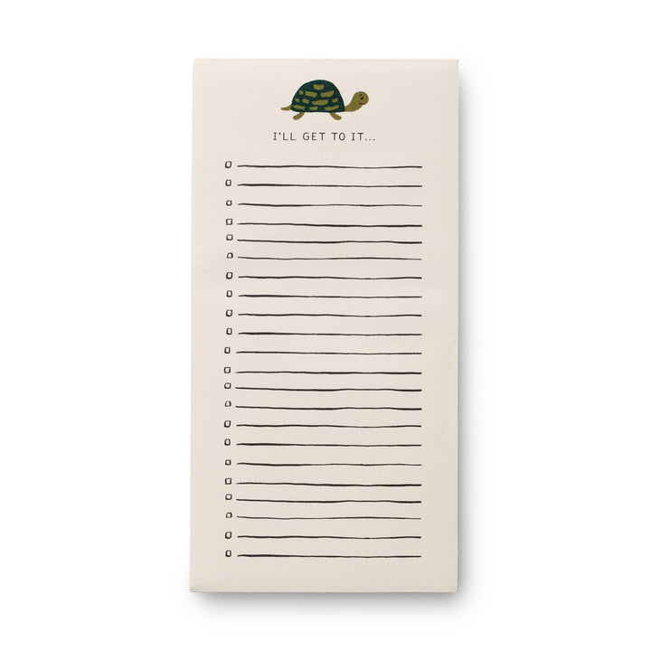 Notepad with turtle illustration and text "reading "I'll get to it..."