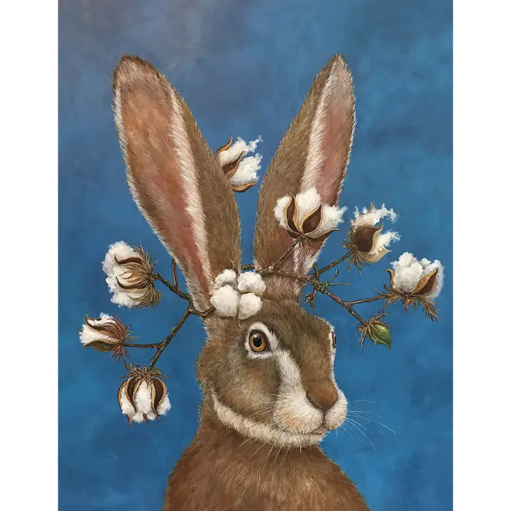 Card with an illustration of a rabbit with cotton branches on a blue background