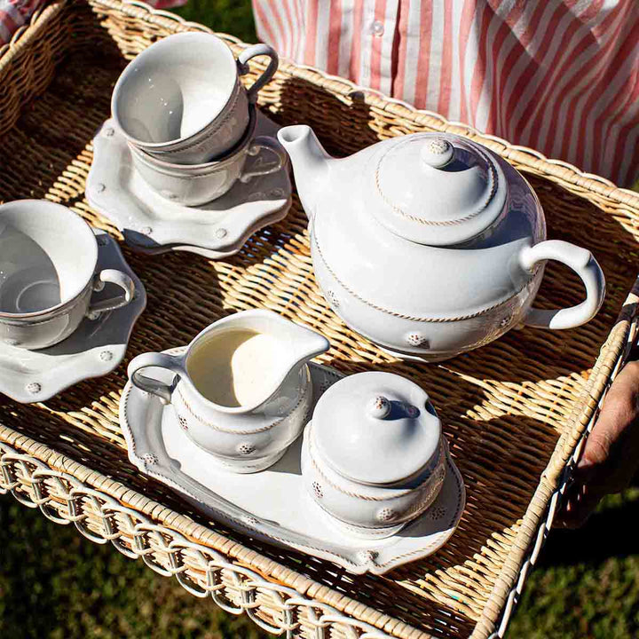 Juliska Berry & Thread Whitewash Cream & Sugar and teacups and saucers