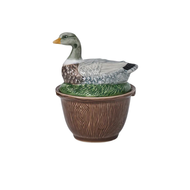 ceramic bowl with a duck  shaped lid