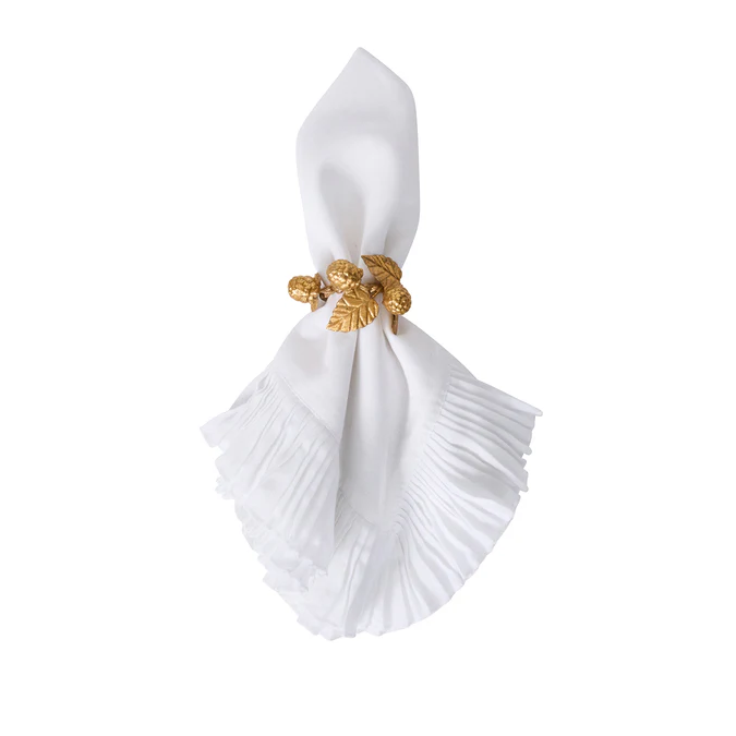 white napkin held by raspberry and gold leaves design ring