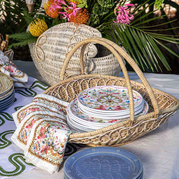 Juliska Provence Rattan Whitewash Gathering Basket with melamine plates