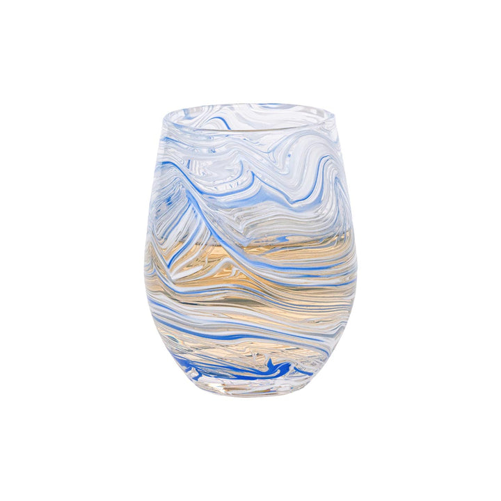 Juliska Puro Marbled Blue stemless white wine glass with white wine