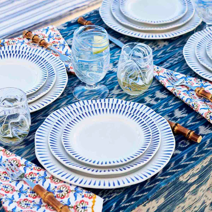 Juliska Sitio Stripe Delft Blue place setting marbled puro blue wine glasses bamboo flatware