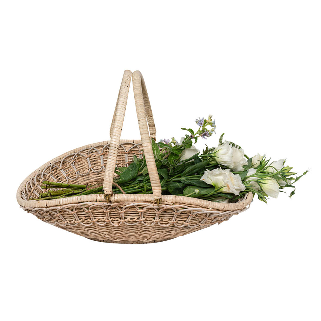 Juliska Provence Rattan Whitewash Gathering Basket with white flowers