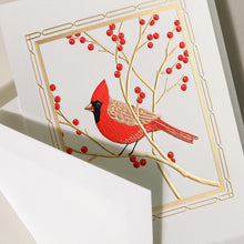 Load image into Gallery viewer, Crane and co christmas card red cardinal details
