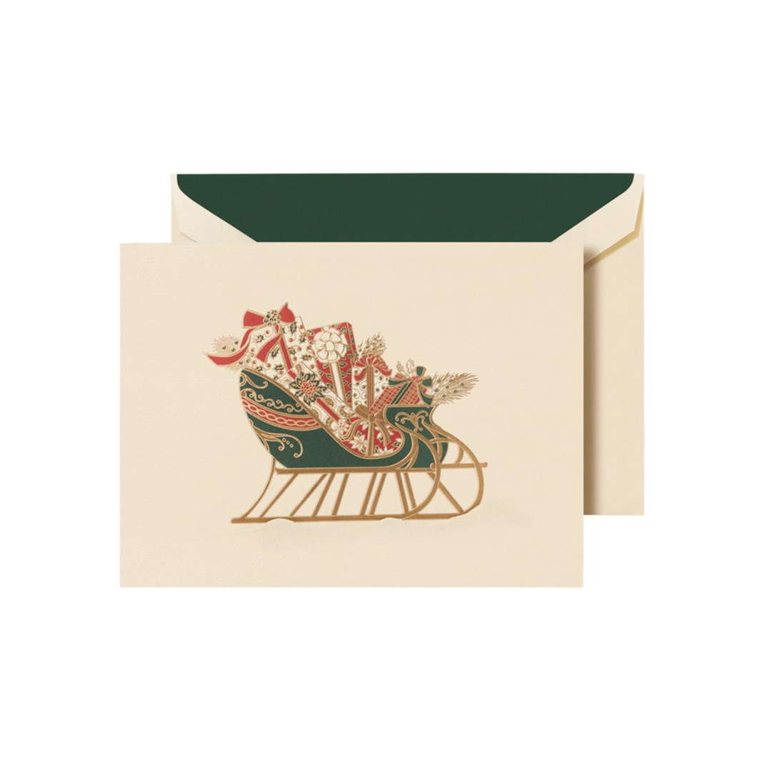 Crane and co stationery green sleigh christmas cards