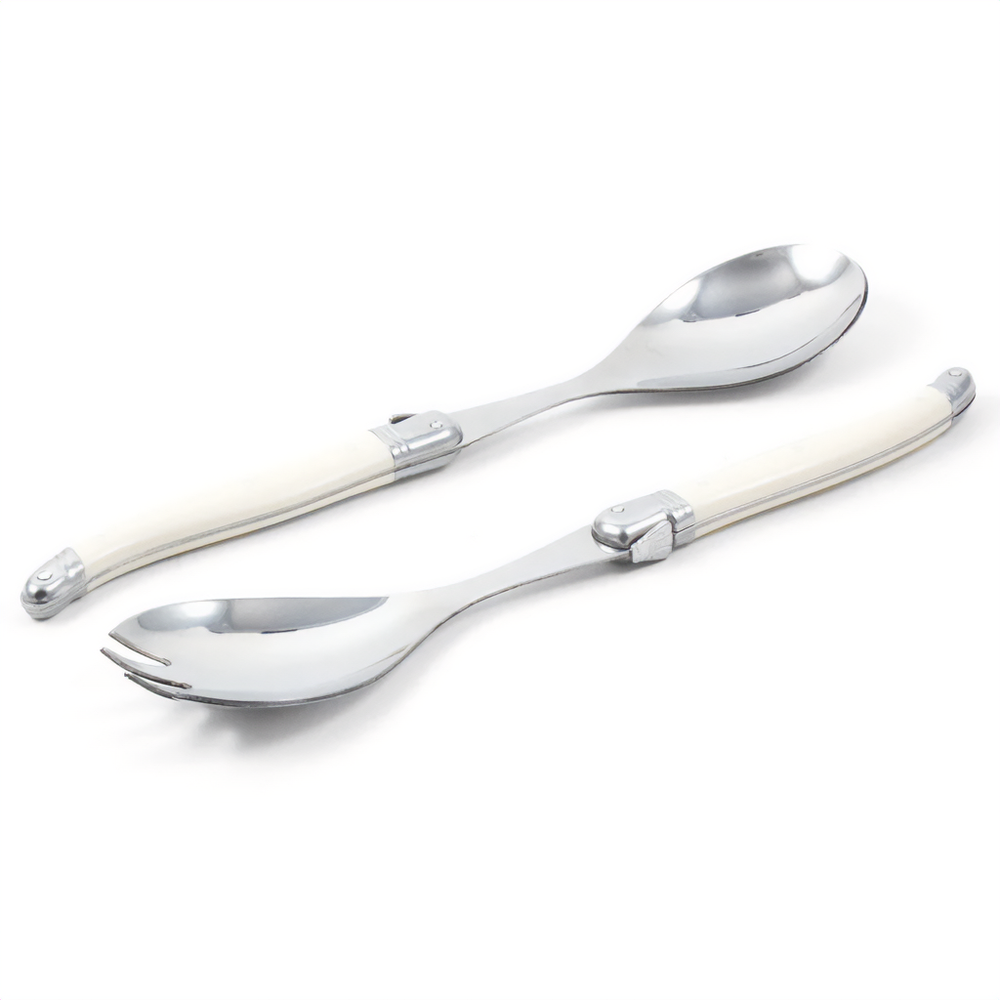 A pair of stainless steel salad serving spoons with black handles, presented against a white background.