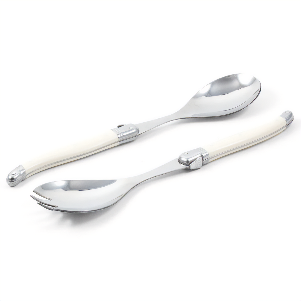A pair of stainless steel salad serving spoons with black handles, presented against a white background.