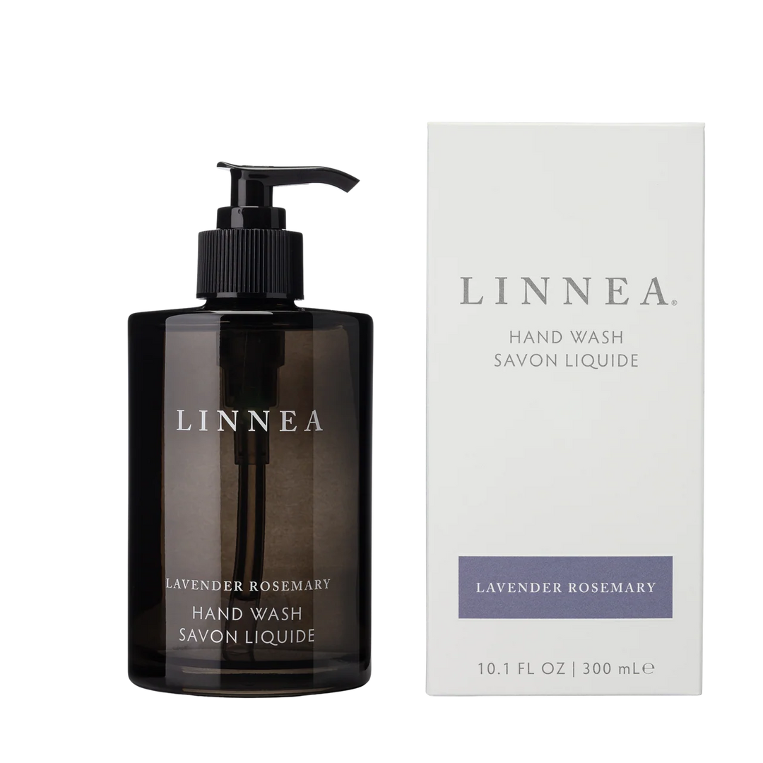Black hand wash bottle with pump and packaging labeled 'LINNEA' on a white background