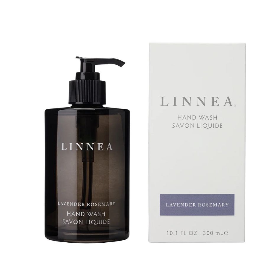 Black hand wash bottle with pump and packaging labeled 'LINNEA' on a white background