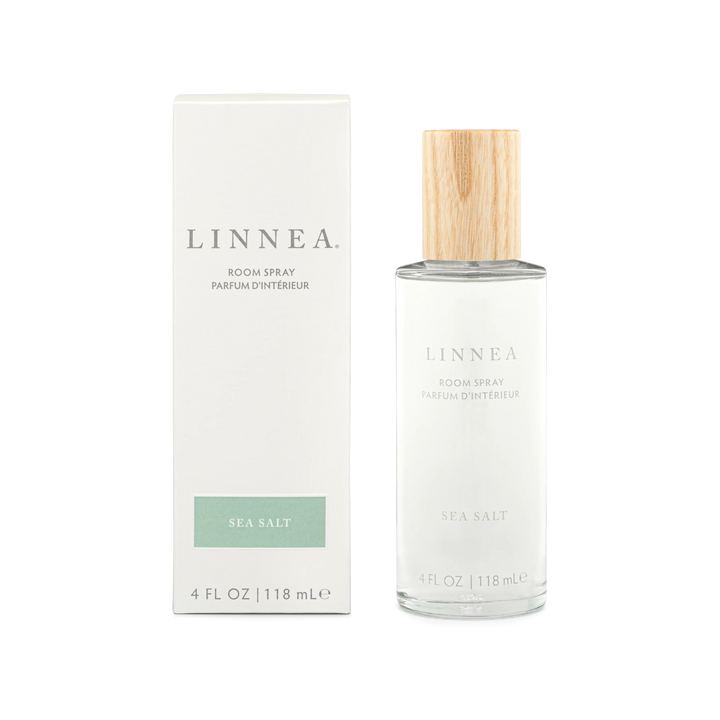 Linnea sea salt room spray bottle next to its packaging