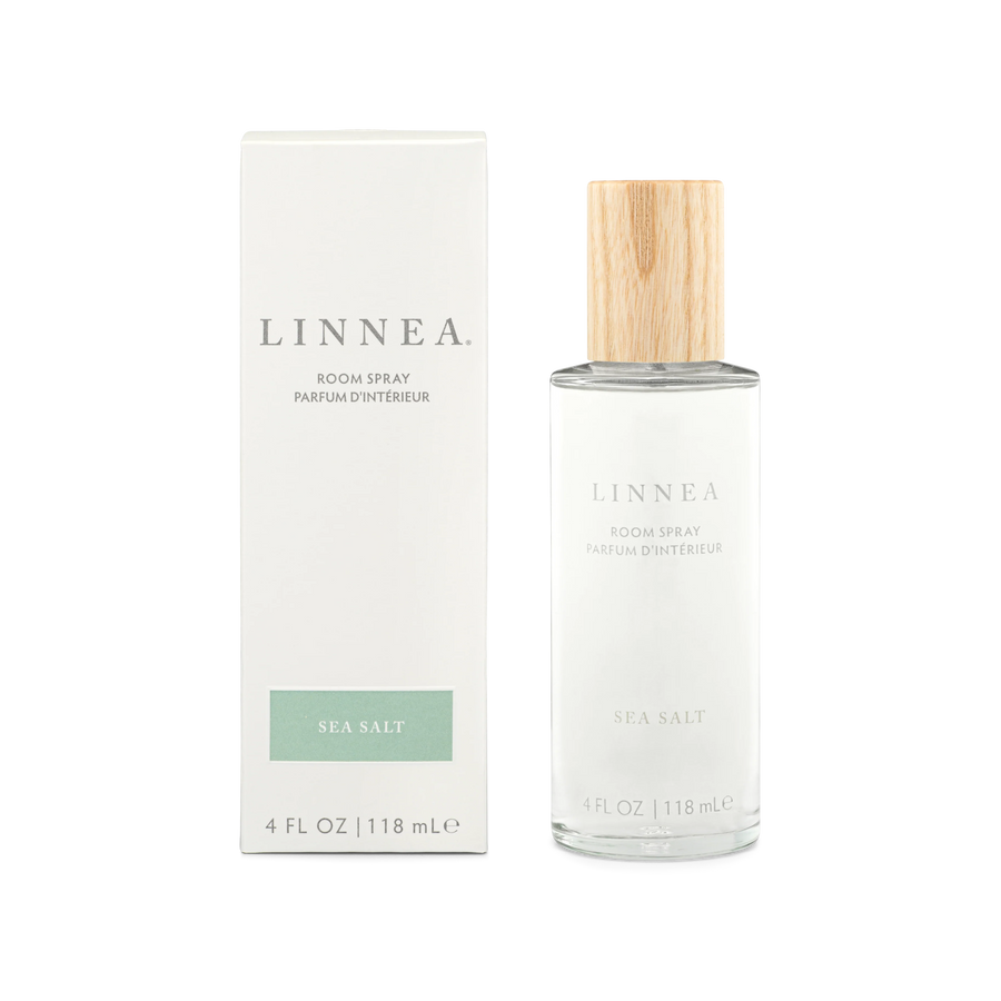 Linnea sea salt room spray bottle next to its packaging