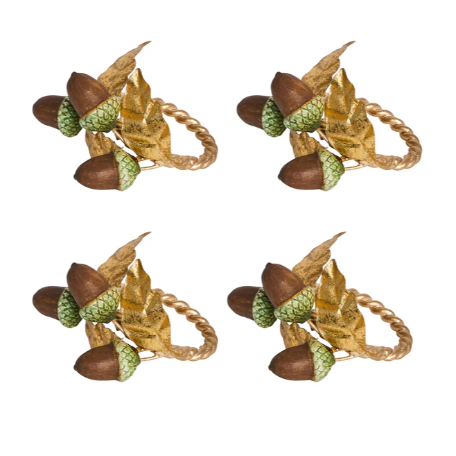Set of four decorative napkin rings with acorns and gold leaves 