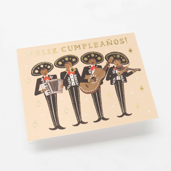 Card with mariachi band illustration and 'Feliz Cumpleaños!' text on ivory paper