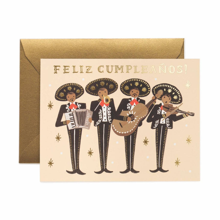 Card with mariachi band illustration and 'Feliz Cumpleaños!' text, gold envelope.