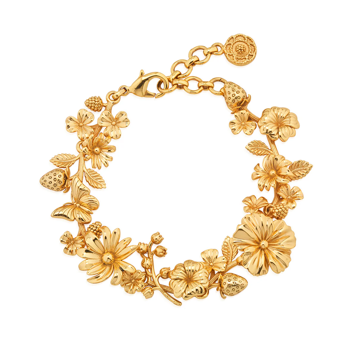 Gold bracelet with floral and strawberry designs