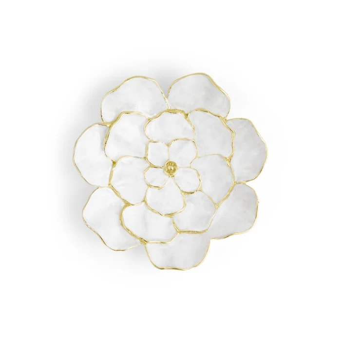 White ceramic catch all dish with gold trim in the shape of a flower 