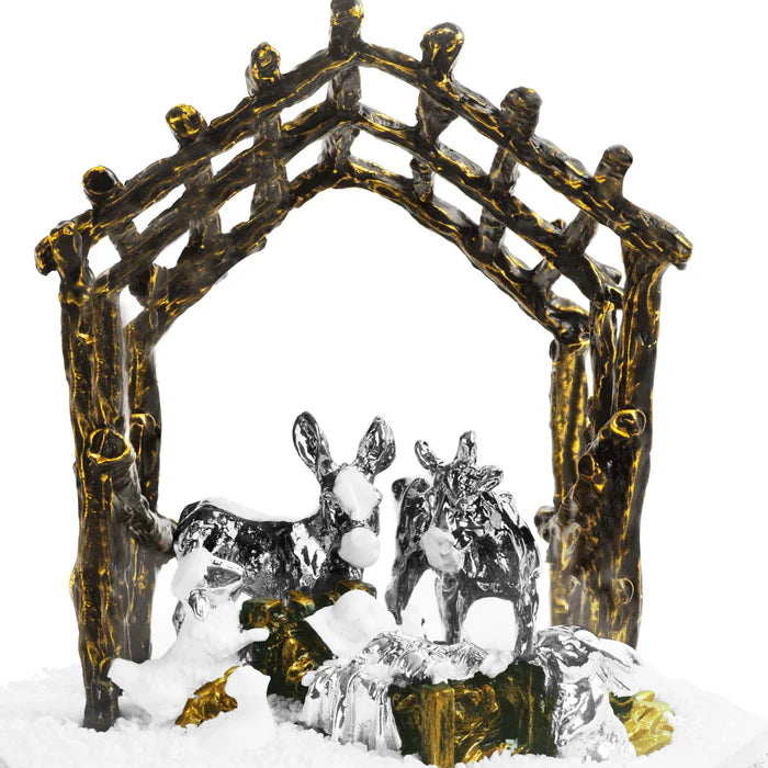 Decorative nativity scene with animals and a wooden arch on a white background