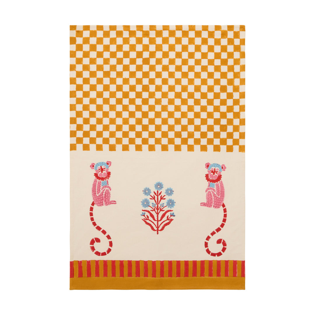 Jeu de Singes Mustard & Pink Tea Towel