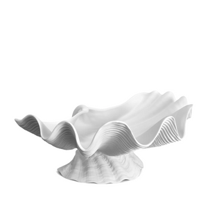 white seashell shaped bowl sitting a seashell base