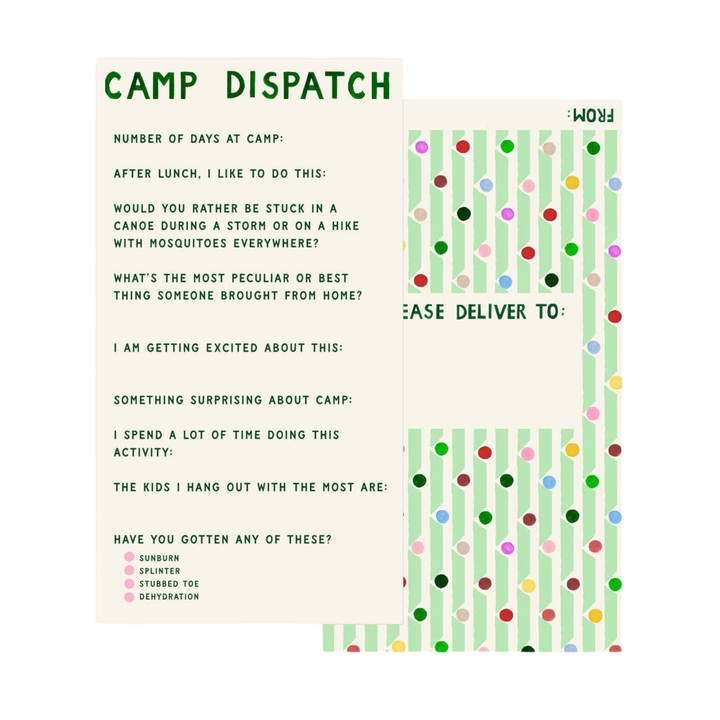 Camp dispatch form with text and colorful polka dot design