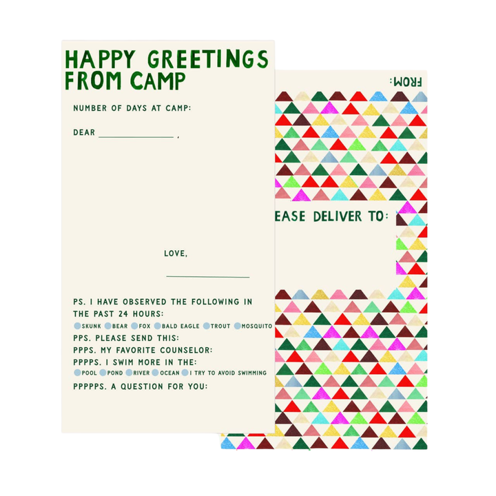 Camp greeting card with colorful triangle pattern and text fields.