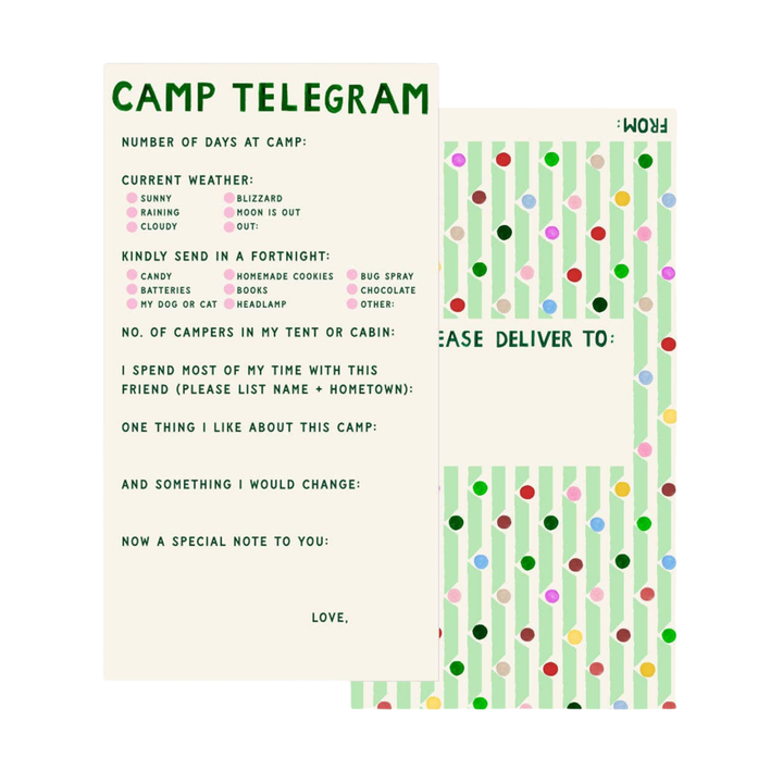 Camp Telegram form with text and colorful polka dot design