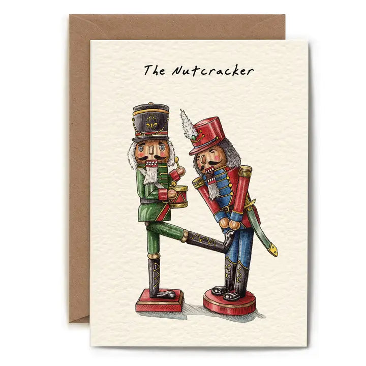 Greeting card with illustration of two nutcrackers and 'The Nutcracker' text.