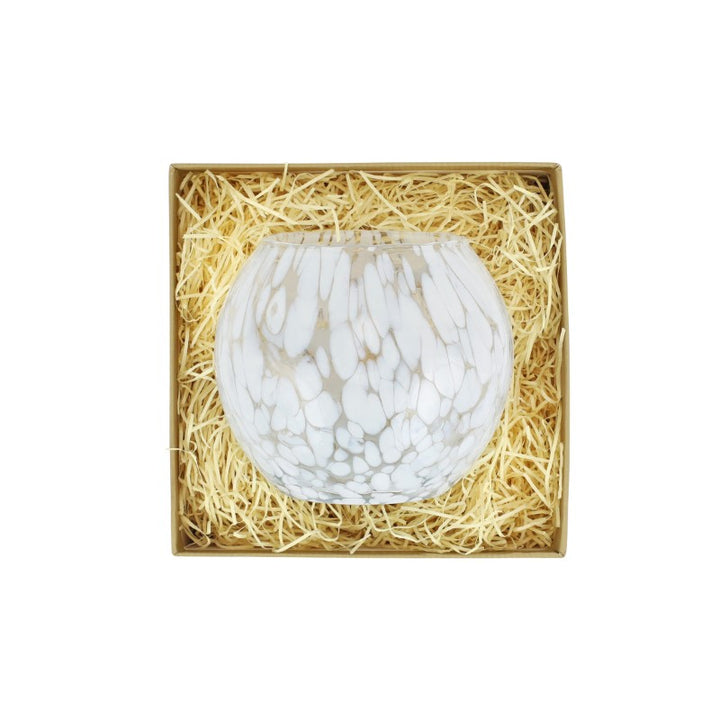 White marbled glass vase in a box with straw padding