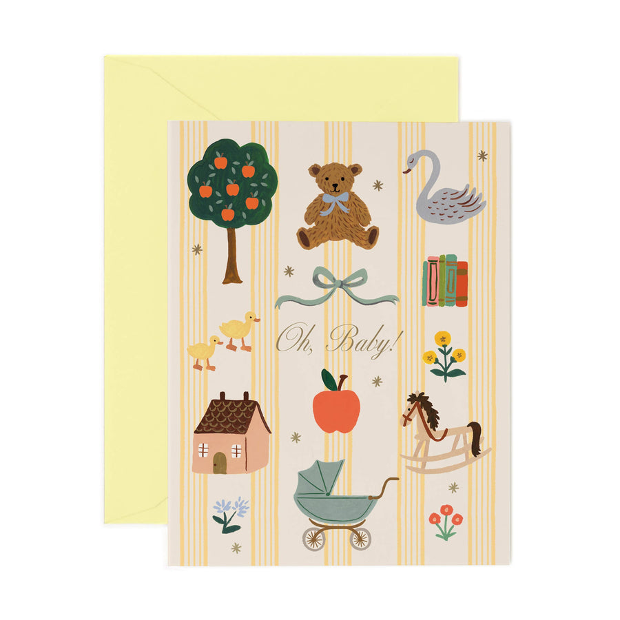 Baby shower card with illustrations of a tree, teddy bear, swan, house, duck, apple, horse, and pram on a striped background.