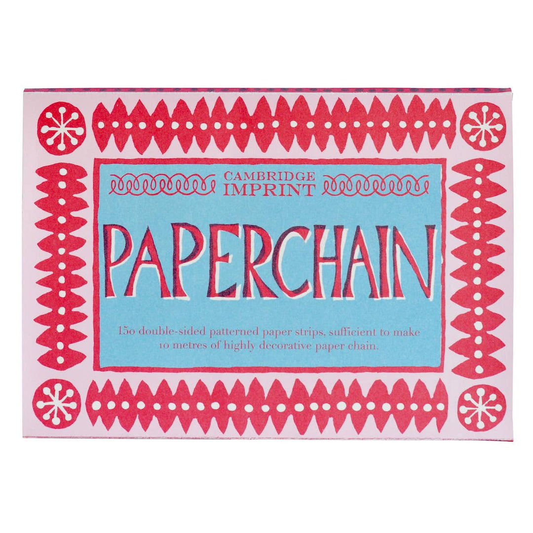 Packaging of Cambridge Imprint Paperchain with decorative pink and white patterns on a blue background.