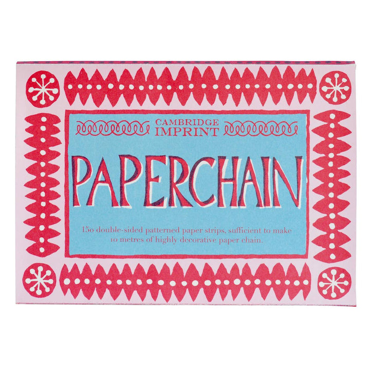 Packaging of Cambridge Imprint Paperchain with decorative pink and white patterns on a blue background.