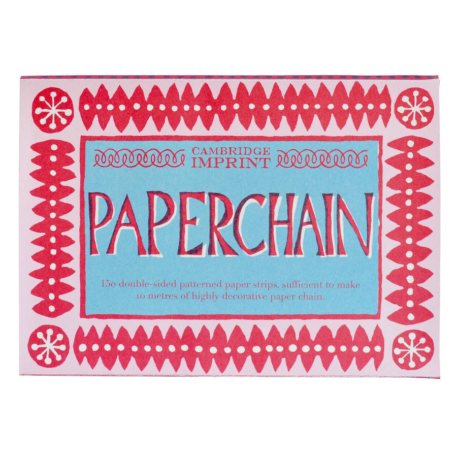 Packaging of Cambridge Imprint Paperchain with decorative pink and white patterns on a blue background.