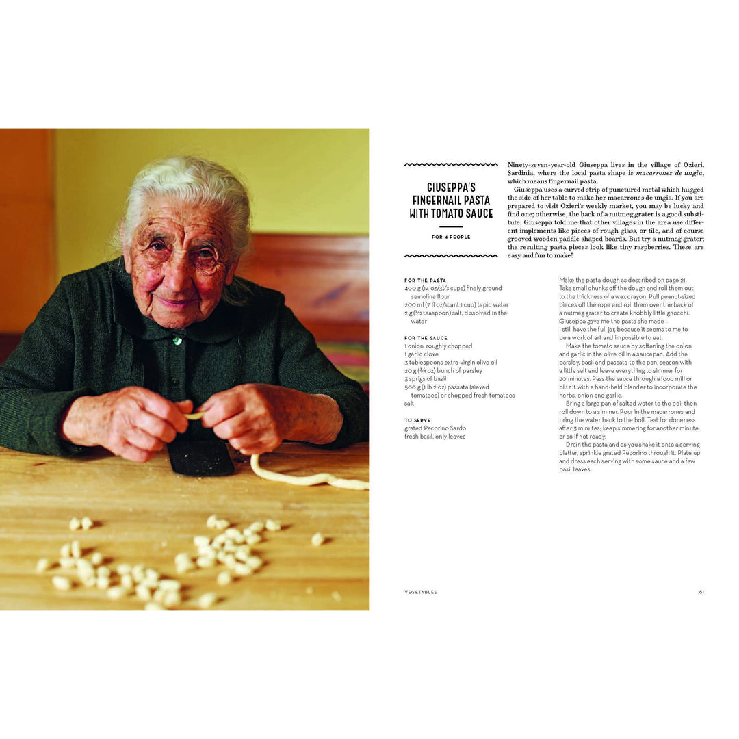 Older woman making pasta with text on a magazine page