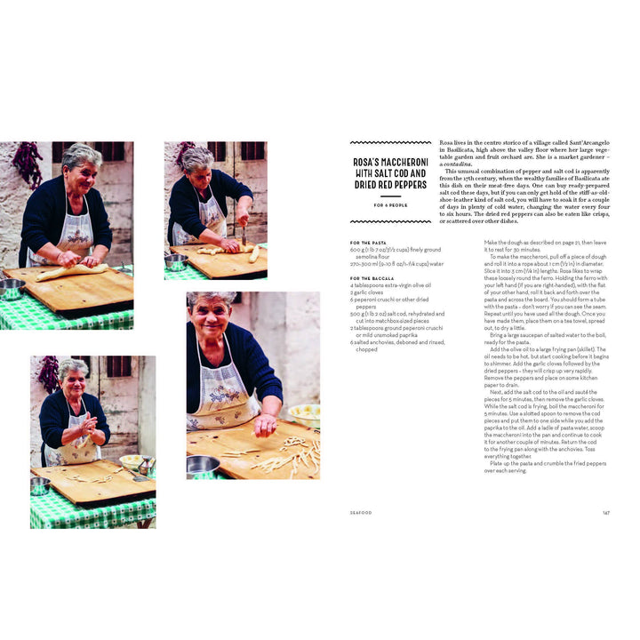 Page from a cookbook featuring images of a woman cooking and text on pasta recipes.