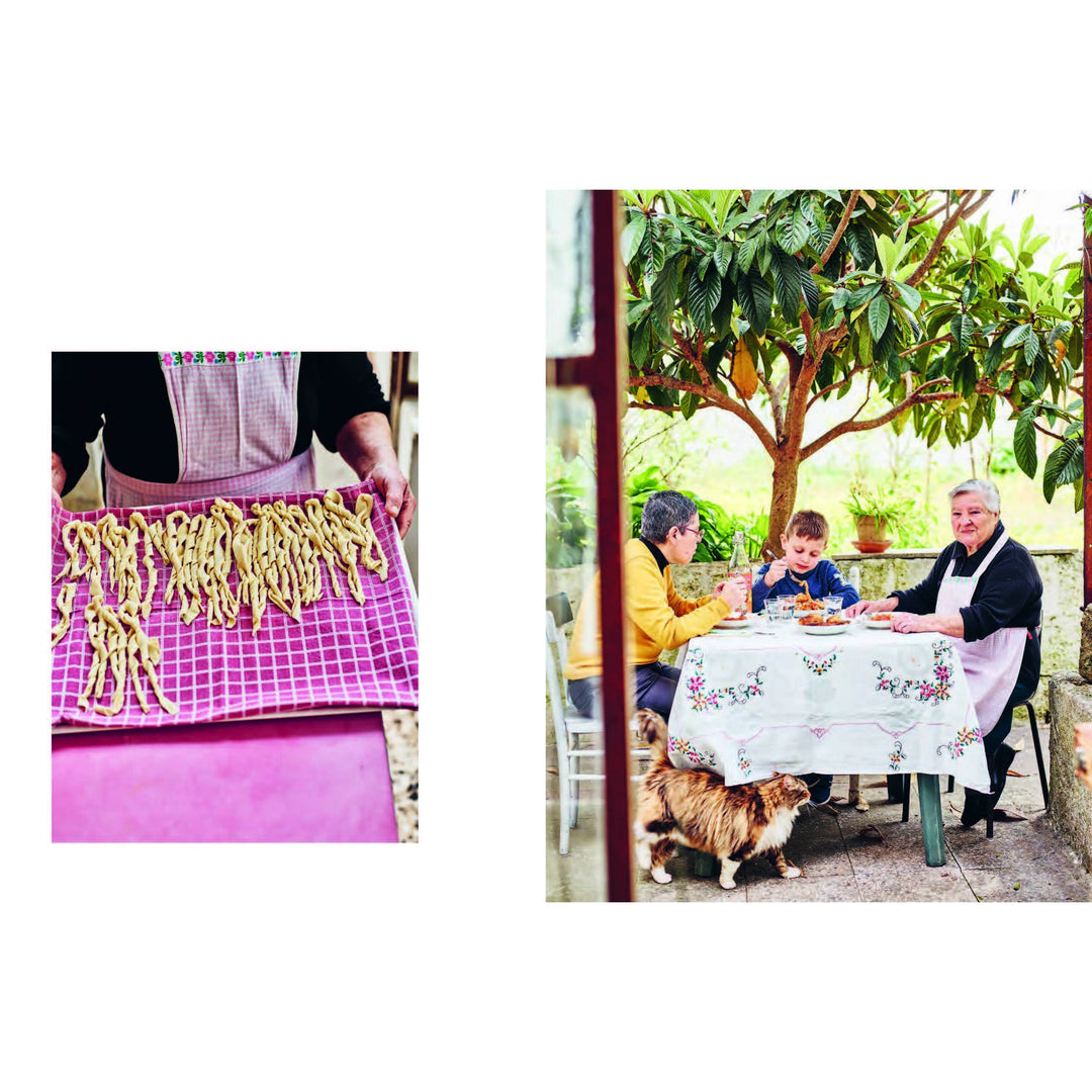 Two images one of a person wearing an apron and carrying a tray with rolled pasta sitting on a pink towel to dry and another of a family seeing on a terrace eating a meal in the shade of a loquat tree